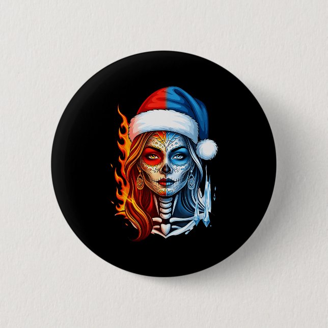 Chapa Redonda De 5 Cm Christmas Sugar Skull Art Woman Santa Hat Fantasy  (Anverso)