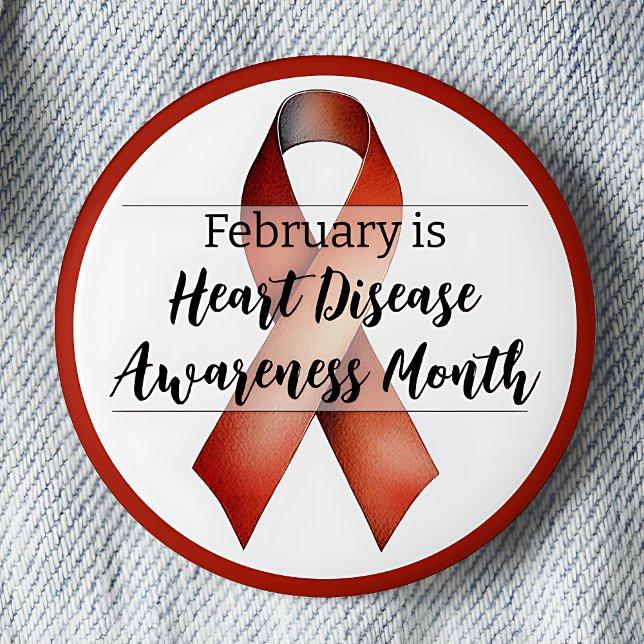 Chapa Redonda De 5 Cm Cinta del Mes de Concienciación sobre Enfermedades (February is Heart Disease Awareness Month pinback button.  Red awareness ribbon.)