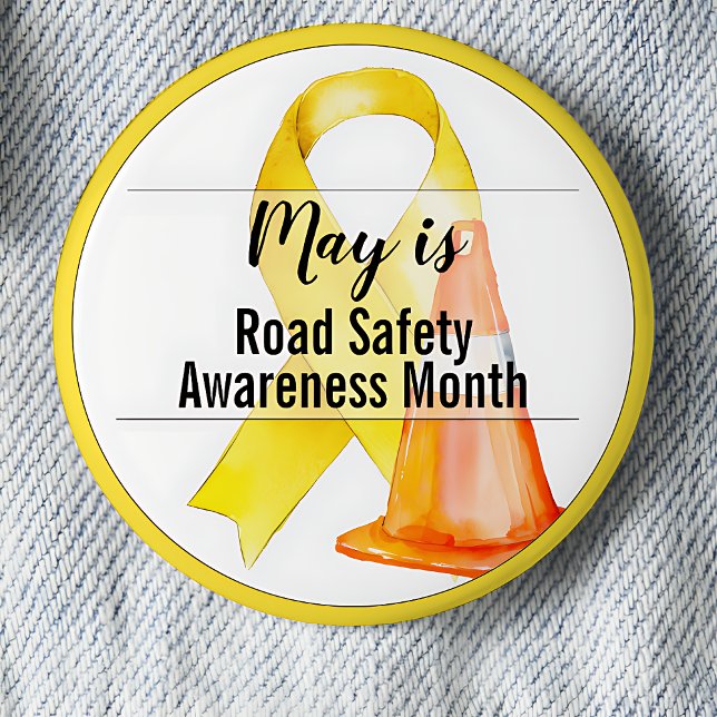 Chapa Redonda De 5 Cm Cinta del Mes de Sensibilización sobre Seguridad V (May is Road Safety Awareness Month pinback button. Yellow awareness ribbon.)