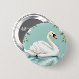 Chapa Redonda De 5 Cm Cisne blanco elegante floral azul