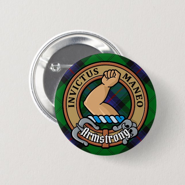 Chapa Redonda De 5 Cm Clan Armstrong Escudo sobre Tartán (Anverso y reverso)