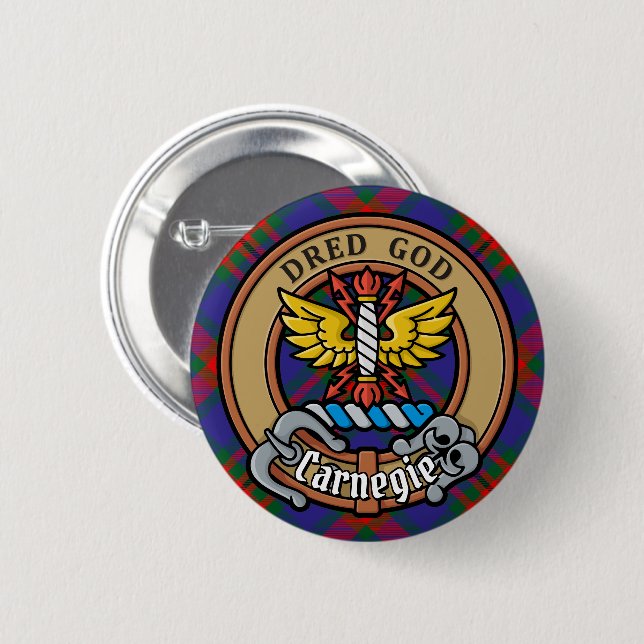 Chapa Redonda De 5 Cm Clan Carnegie Escudo sobre Tartán (Anverso y reverso)