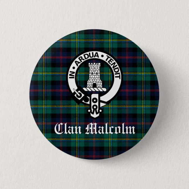 Chapa Redonda De 5 Cm Clan Malcolm Escudo Badge y Tartán (Anverso)