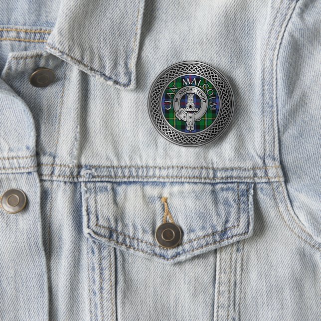 Chapa Redonda De 5 Cm Clan Malcolm Escudo & Tartan Knot (In situ)