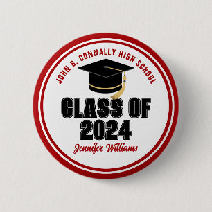 Chapa Redonda De 5 Cm Clase de 2024 Red White Personalized Graduate Name
