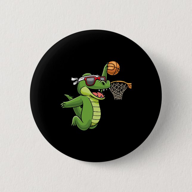 Chapa Redonda De 5 Cm Cocodrilo Jugando Baloncesto (Anverso)