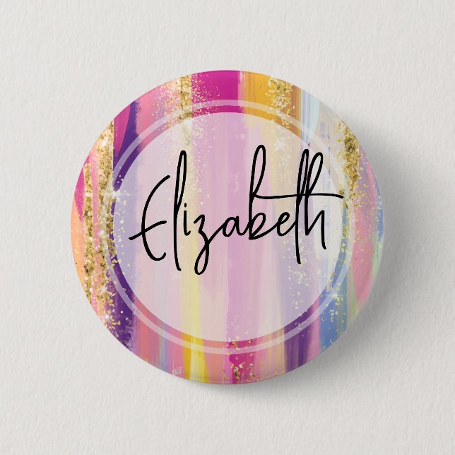 Chapa Redonda De 5 Cm Coloridas franjas arcoiris con Purpurina de oro fa (Anverso)