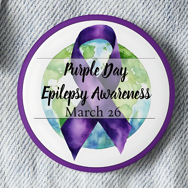 Chapa Redonda De 5 Cm Concienciación sobre la epilepsia en el Día Morado (Purple Ribbon & Globe Purple Day for Epilepsy Awareness March 26 pinback button.)