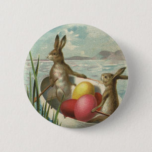 Chapa Redonda De 5 Cm Conejitos de Pascua vintage en un barco con huevos