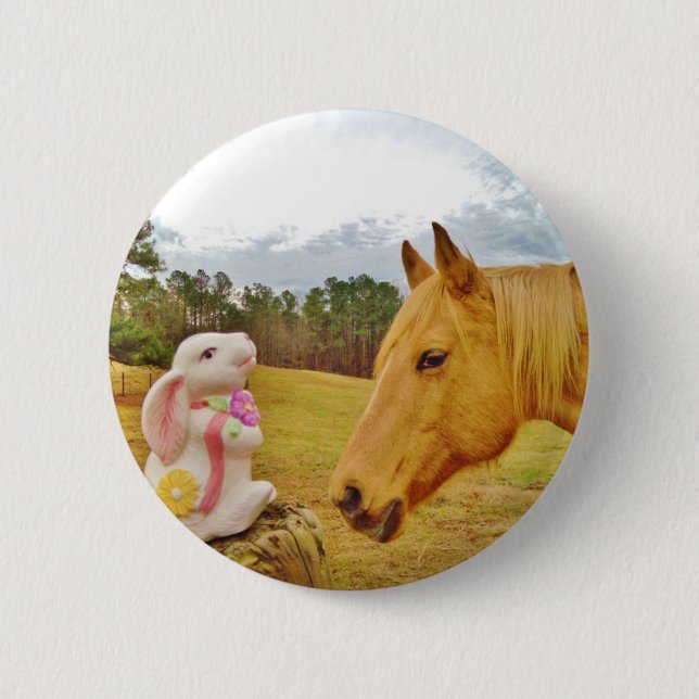 Chapa Redonda De 5 Cm Conejo blanco y caballo amarillo (Anverso)