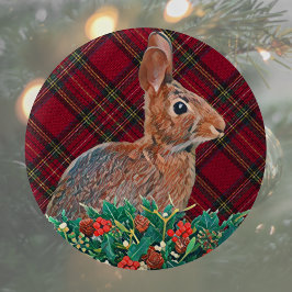 Chapa Redonda De 5 Cm Conejo con Holly Berries y Plaid
