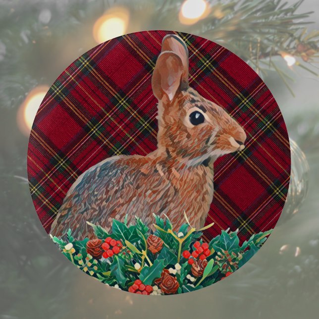 Chapa Redonda De 5 Cm Conejo con Holly Berries y Plaid (Cute rabbit Christmas button pin makes a great stocking stuffer or Christmas party favor. )