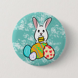 Chapa Redonda De 5 Cm Conejo de Pascua con pancarta en huevos de Pascua