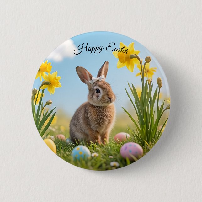 Chapa Redonda De 5 Cm Conejo de Pascua y Daffodil (Anverso)