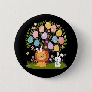 Chapa Redonda De 5 Cm Conejo León Pascua Lindo Árbol Cazando Huevos