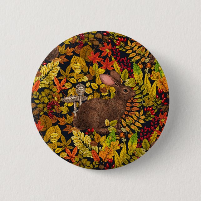 Chapa Redonda De 5 Cm Conejo otoñal sobre negro (Anverso)