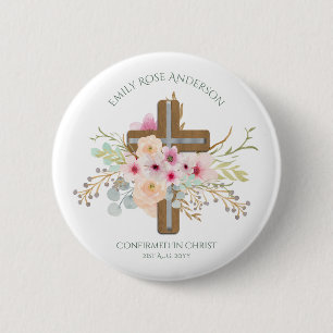 Chapa Redonda De 5 Cm Confirmación de cruz floral infantil Personalizado