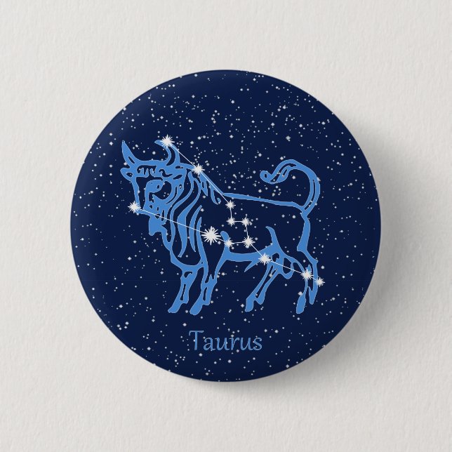 Chapa Redonda De 5 Cm Constelación Taurus y Rótulo Zodiaco con estrellas (Anverso)