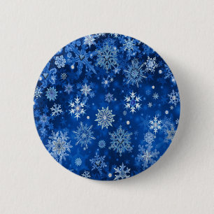 Chapa Redonda De 5 Cm Copo de Nieve de Navidad Azul y Plateado