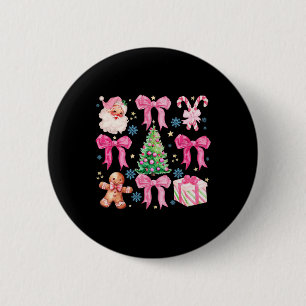 Chapa Redonda De 5 Cm Coquette Bow Santa Claus Pink Merry Christmas Wome