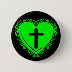 Chapa Redonda De 5 Cm Corazón Gótico & Cruz (Negro + Verde)