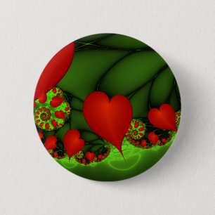 Chapa Redonda De 5 Cm Corazones rojos animan el arte fractal verde moder