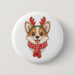 Chapa Redonda De 5 Cm Corgi Adorable con Cornamenta de Reno Navidad