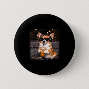 Chapa Redonda De 5 Cm Corgi bebiendo café helado humor de amante meme di