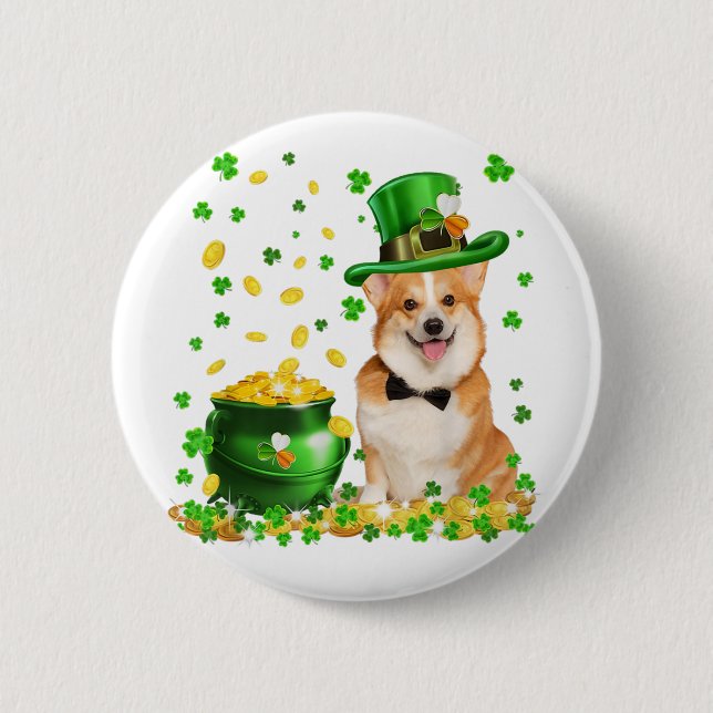 Chapa Redonda De 5 Cm Corgi Dog Happy St Patricks Day (Anverso)