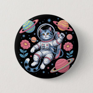 Chapa Redonda De 5 Cm Cosmic Catstronaut en Vaporwave Espacial de Neón