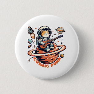 Chapa Redonda De 5 Cm Cosmic Purr - Astro Guitarrista Gato