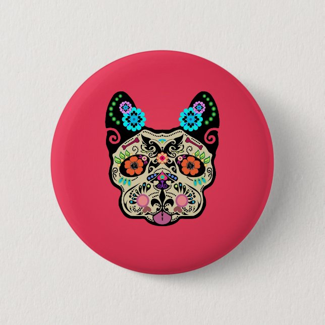 Chapa Redonda De 5 Cm Cráneo Frenchie - rosa del azúcar (Anverso)