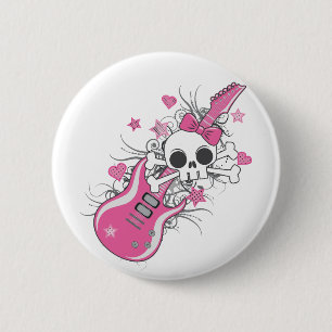 Chapa Redonda De 5 Cm Cráneo lindo con guitarra rosa