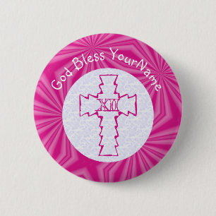 Chapa Redonda De 5 Cm Cruz Cristiana Zig-Zag Rosa Brillante Blanco Rosa
