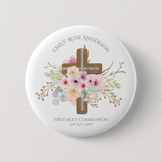 Chapa Redonda De 5 Cm Cruz Floral de la Santa Comunión Personalizada (Anverso)