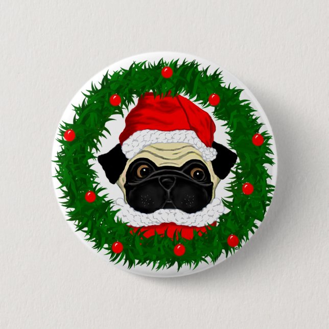 Chapa Redonda De 5 Cm Cuidados Navidades pug Santa en guirnalda (Anverso)