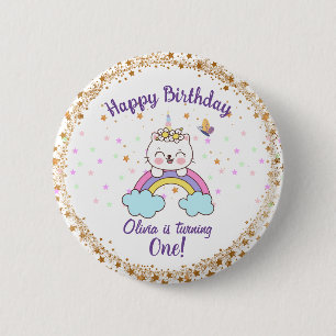 Chapa Redonda De 5 Cm Cumpleaños 1 de niña Unicornio Gato Arcoíris Estre