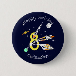 Chapa Redonda De 5 Cm Cumpleaños 8 de Cohetes Espaciales