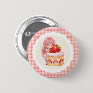 Chapa Redonda De 5 Cm Cumpleaños de niña con fresas a cuadros 1er año