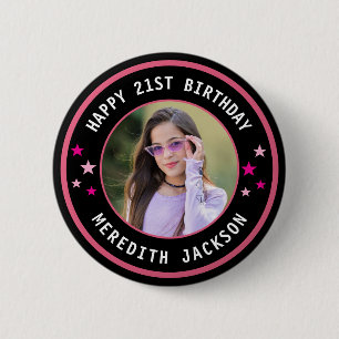 Chapa Redonda De 5 Cm Cumpleaños Feliz Foto Personalizada Rosa Lindo Per