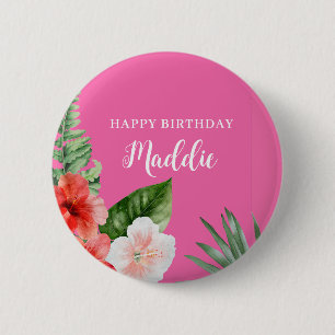 Chapa Redonda De 5 Cm Cumpleaños floral hawaiano rosa