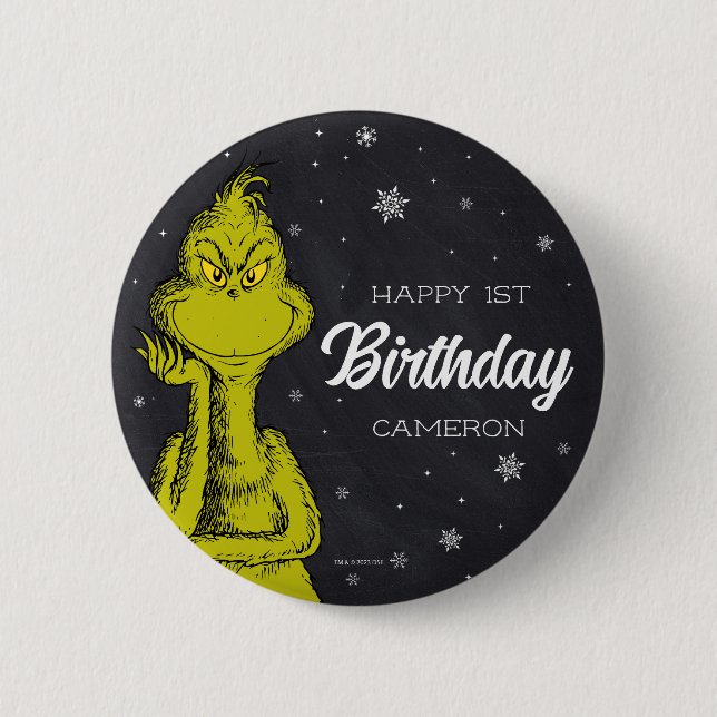 Chapa Redonda De 5 Cm Cumpleaños Grinch Pizarra (Anverso)