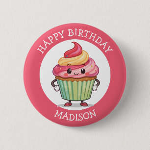 Chapa Redonda De 5 Cm Cumpleaños Personalizado Cupcake Rosa Lindo