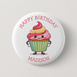 Chapa Redonda De 5 Cm Cumpleaños Personalizado Cupcake Rosa Lindo