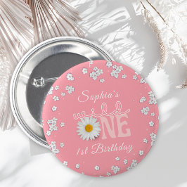 Chapa Redonda De 5 Cm Cumpleaños Pink Daisy Wild One 1er