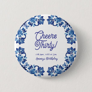 Chapa Redonda De 5 Cm Cumpleaños treinta Cheers borde floral azul real n
