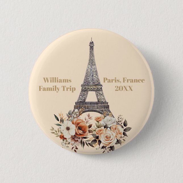Chapa Redonda De 5 Cm Custom Paris Trip Eiffel Tower Floral (Anverso)