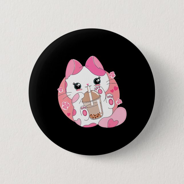 Chapa Redonda De 5 Cm Cute Anime Kawaii Cat Boba Bubble Tea Chicas Costu (Anverso)
