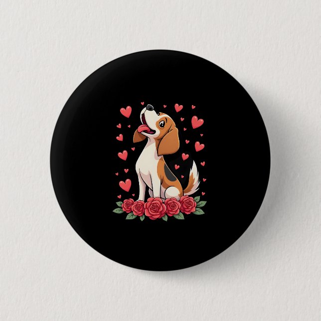 Chapa Redonda De 5 Cm Cute Beagle with Red Roses Hearts Floral Valentine (Anverso)
