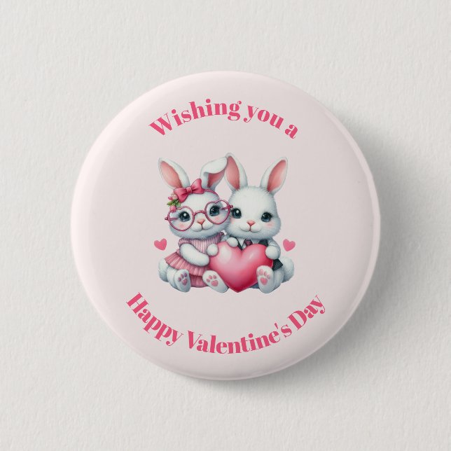 Chapa Redonda De 5 Cm Cute Bunnies Sharing a Heart Valentine's Day (Anverso)
